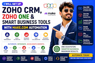 zoho CRM zoho one analytics desk salesiq cliq workdrive with make com automation