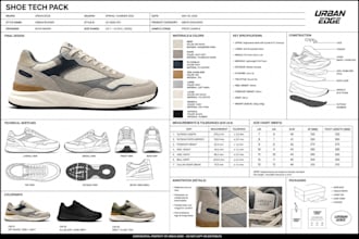 design a complete shoe tech pack with specs, sketches, and sizing