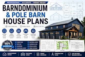 draw modern barndominium, pole barn house plan set for building permit approval
