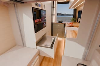 render 3d motorhome, caravan, rv camper van interior, luxury mobile home design