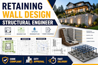 retaining wall design, drainage plans, slab design deck beam structural engineer