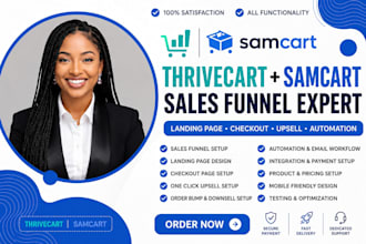 build thrivecart or samcart sales funnel, checkout, upsell and automation