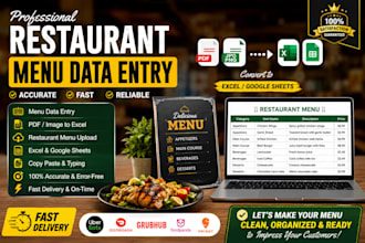 do restaurant menu data entry, PDF to excel, and menu