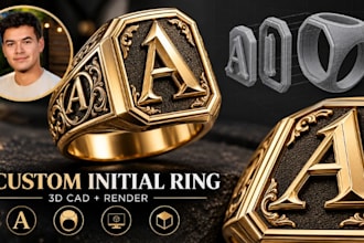 custom mens initial ring cad modeling, photorealistic jewelry rendering