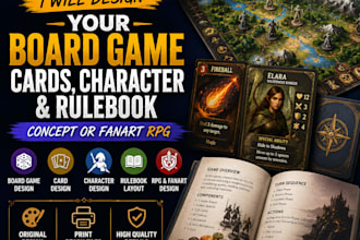 design your board game, cards game, character, rulebook layout, rpg fan art