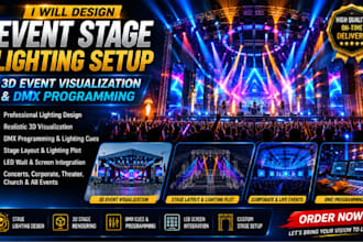design event stage lighting setup, 3d event visualization and dmx programming