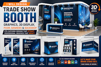 design trade show booth graphics 3d product display posm banners backdrop