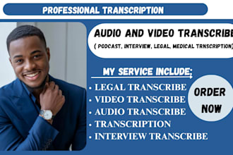 do audio and video transcribe, podcast, interview, legal, medical transcription