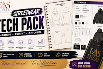 design streetwear tech pack, hoodie, tshirt, apparel tech pack, flat sketch