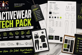 create activewear tech pack, sportswear, gymwear, fashion tech pack, tech flats