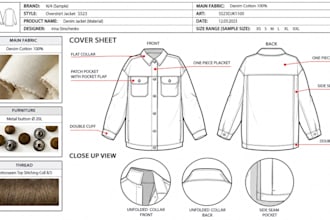 design production tech pack, technical drawing, size chart, fashion flats