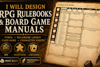 design rpg rulebooks layout, tabletop rpg book board gam manual, card game decks