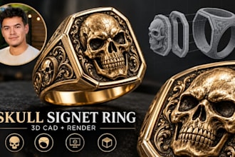 custom skull signet ring cad modeling, photorealistic jewelry rendering