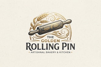 design a creative rolling pin logo for bakery and kitchen brand