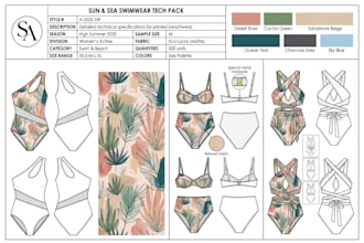 create custom swimwear tech pack brief with bikini flat sketch for manufacturer