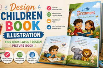 design children book illustration, kids book layout design, picture book