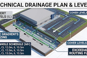 create a detailed technical drainage layout, surface and exceedance flow route