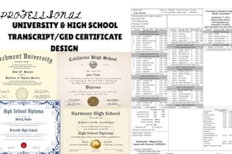 design high school or university transcript, diploma, college, ged certificate