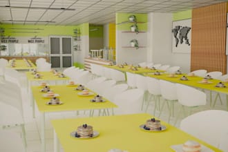 design realistic 3d school canteen and cafeteria interior