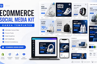 design ecommerce social media kit, canva templates, promo posts and ads