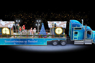 visualize 3d christmas parade float, holiday truck caravan,festive truck display
