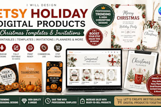 design etsy holiday digital products, christmas template birthday invitation