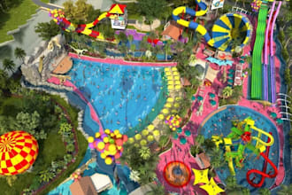 design 3d water park, splash park, and aquatic center, amusement park,
