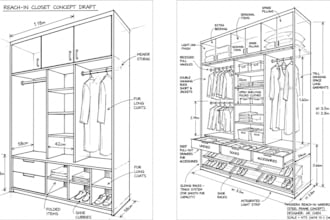 draw interior elevations, wardrobe, TV unit, bedroom, and office plans