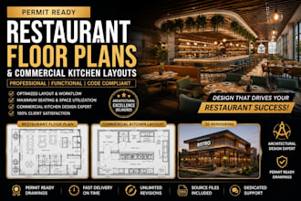 draw restaurant floor plan, commercial kitchen design and 3d renderings