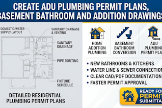 create adu plumbing permit plans, basement bathroom and addition drawings