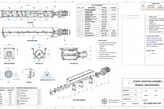 design screw conveyor cad, auger shaft, step stl and assembly drawings