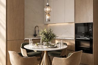 design photorealistic japandi and modern kitchen 3d render