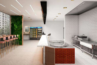 enhance 3d fast food restaurant, commercial kitchen interior, bar counter render