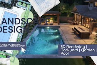 design backyard, front yard, garden, pool, patio, deck, 3d landscape rendering