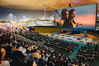 design open air cinema, event space, amphitheater, seating layout, stage, venue