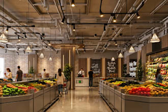 render 3d supermarket interior,shopping aisle,grocery store design,cgi cash desk