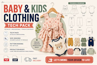 create kids and baby clothing tech pack sewing pattern and pattern making