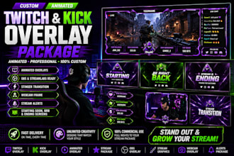 design a custom kick and animated twitch overlay and professional stream