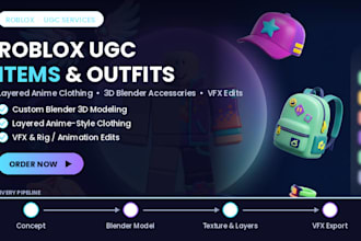 create roblox ugc item, layered anime clothing, 3d blender accessories, vfx edit