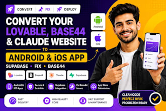 convert lovable, base44 to android, ios app claude website supabase fix base44