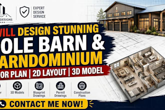 design professional barndominium pole barn and floor plan 2d layout and 3d model