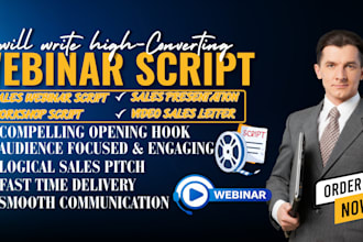 write sales webinar script, webinar sales funnel ppt slides and vsl video script