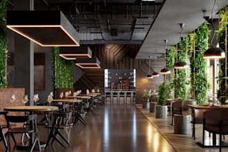 do 3d interior design restaurant, café, office and commercial exterior design