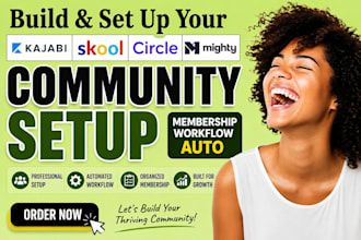 build kajabi community web, skool setup, community membership workflow auto