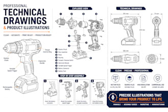 draw technical product illustration line art and technical drawing for manuals