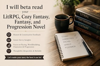 beta read your litrpg, cozy fantasy, fantasy and progression novel