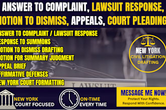 draft, format new york answer to lawsuit, motion to dismiss and court response
