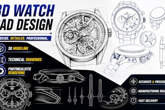 create 3d watch cad design, technical drawings, blender modeling and rendering