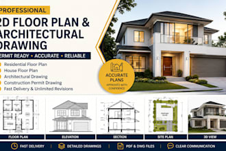 draw professional 2d floor plan, architectural drawing, full house plan