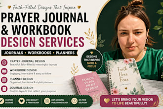 create prayer journal design, workbook design, planner design journal design
